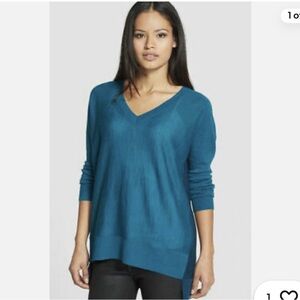 EILEEN FISHER Medium Arctic Green‎ Blue Royal Alpaca Colorblock High Low Sweater